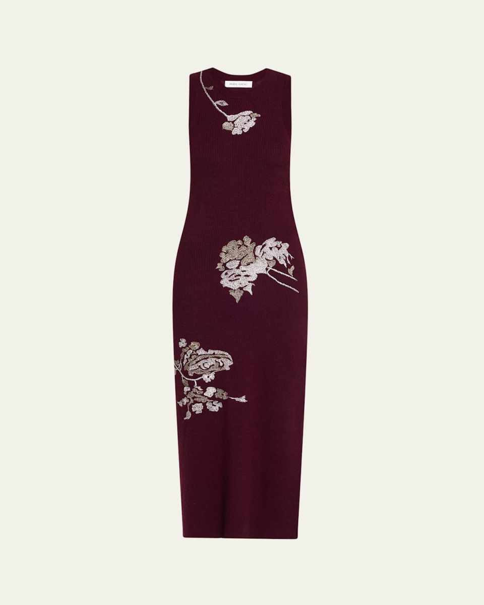 Floral Embroidered Sleeveless Rib Midi Dress